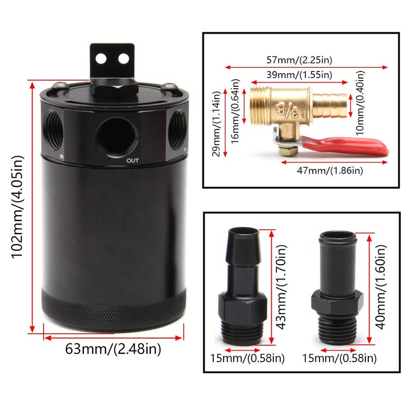 WENJTP Universal 150ml Car Oil Catch Can Kit Reservoir Tank  Compact Baffled 3-Port Oil Separator 2 Inlets 1 Outlet Black with Breather Filter + Drain Valve - Image 5